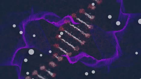 White-dots-floating-and-dna-structure-spinning-over-purple-digital-wave-against-blue-background