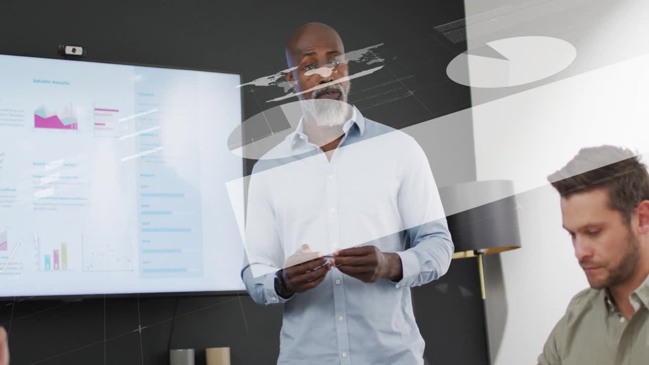 Animation of infographic interface and diverse manager explaining project details to colleagues