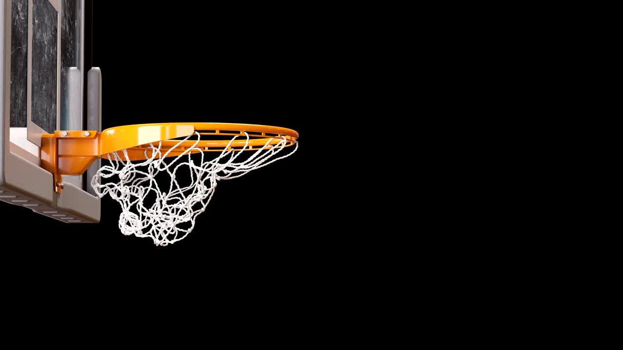 Beautiful Professional Throw Basketball Hoop Slow Motion Close-up. Ball Flies Spinning into Basket Net Black Background and Green Screen. Sport Concept. 3d Animation Alpha Matte 4k Ultra HD 3840x2160.
