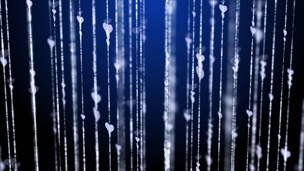 Lines of swirling hearts and shiny particles. Abstract blue animated background with moving elements.