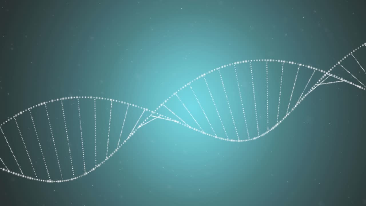 animación de una cadena de adn girando sobre un fondo azul