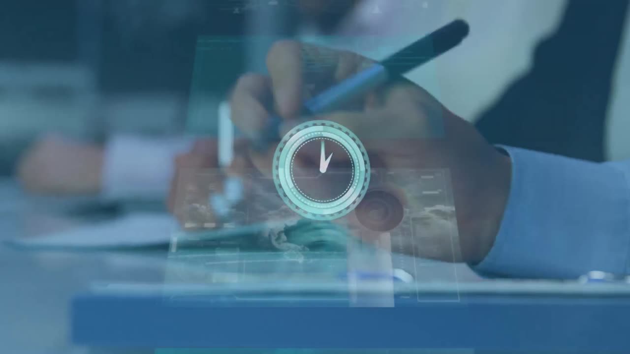 Animasjon av en klokke og databehandling over ulike forretningsfolk