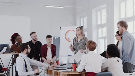 healthy workplace atmosphere. young beautiful blonde boss woman speaking at modern office meeting slow motion red epic.