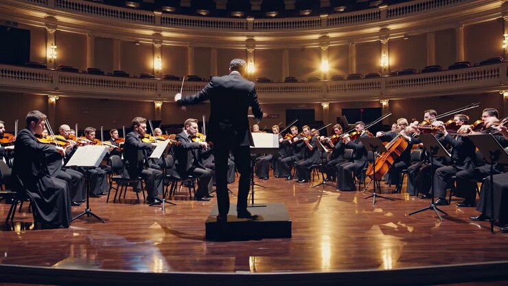 Ripresa grandangolare di un'orchestra che si esibisce in una sala sontuosa, con il direttore d'orchestra a fuoco