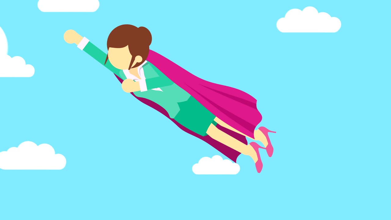 super héroe mujer de negocios volando en traje y capa roja. liderazgo y concepto de logro. ilustración de bucle en estilo plano.
