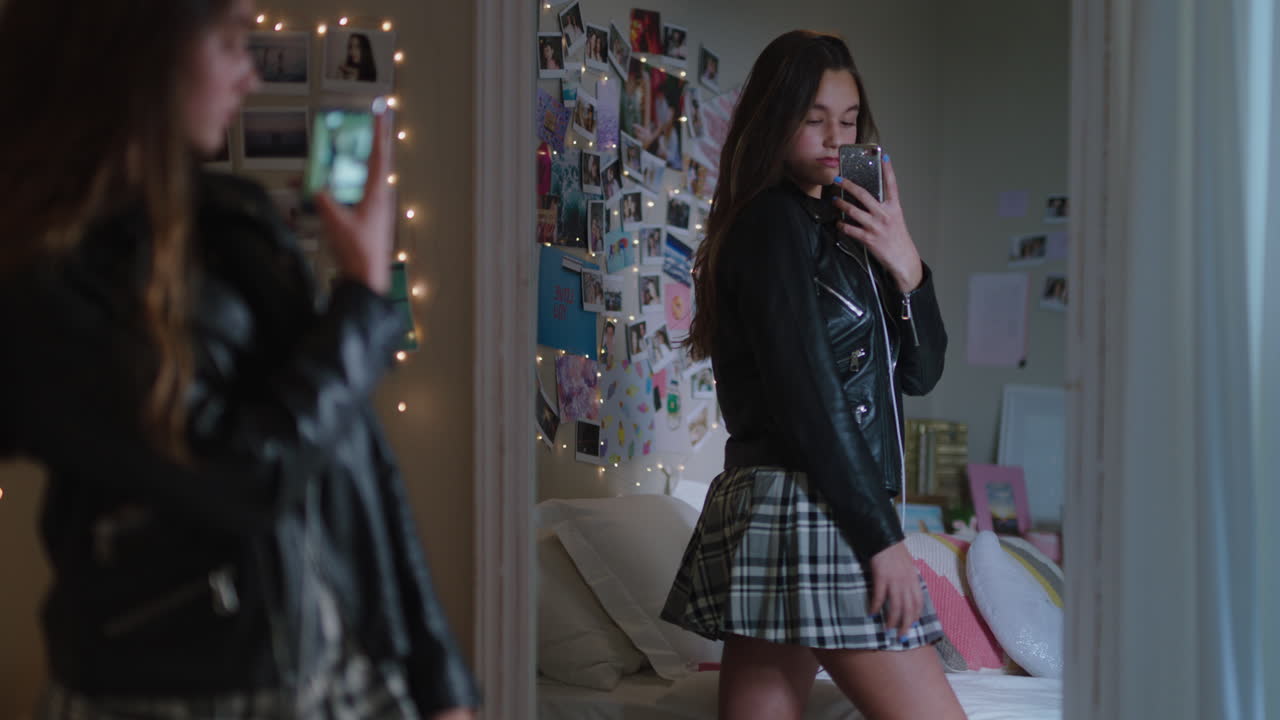 아름다운 십대 소녀가 스마트폰을 사용하여 셀카 사진을 찍고 거울에 포즈를 취하고 소셜 미디어에서 세련된 패션을 공유하고 집에서 주말을 즐기고 십대 자아 이미지
