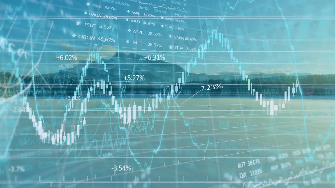 Translucent charts floating over lakeside, featuring candlestick line graphs and percentage labels