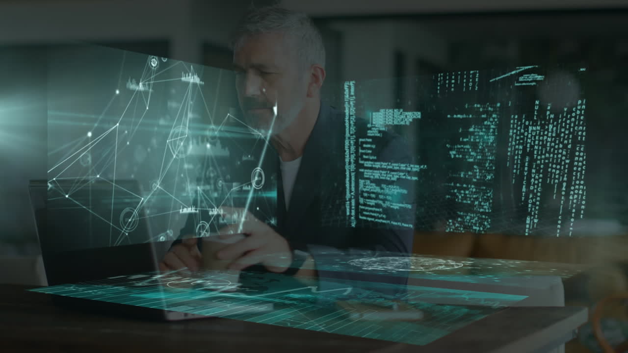 Animation of financial data processing on screens over caucasian businessman in office