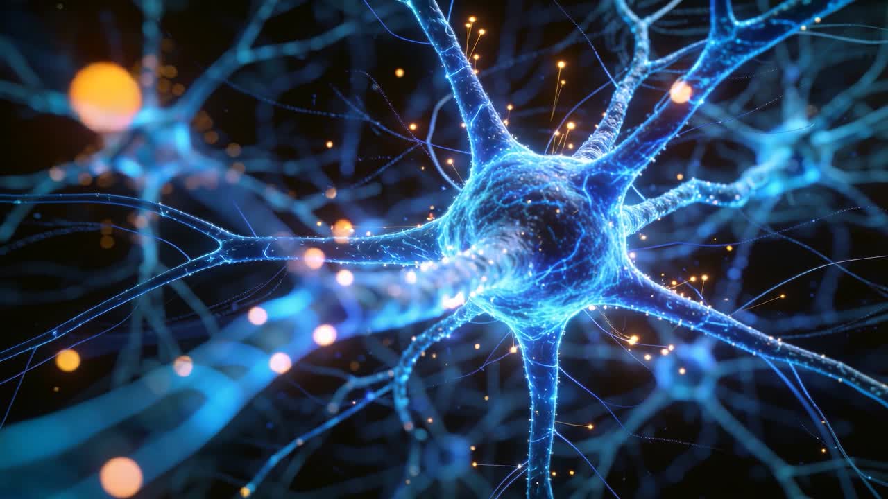 Reacting to particle stream, blue neuron sending orange sparks into soma for signal in neural field