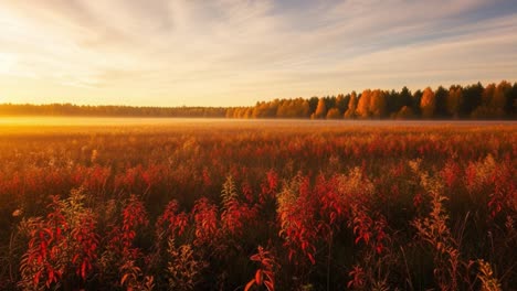 vibrant autumn field at golden hour with mist