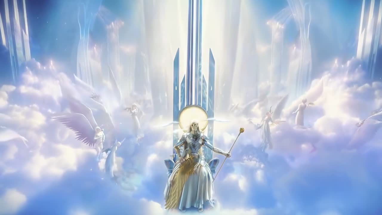 A celestial video scene with a low-angle view of ethereal figures on a heavenly staircase