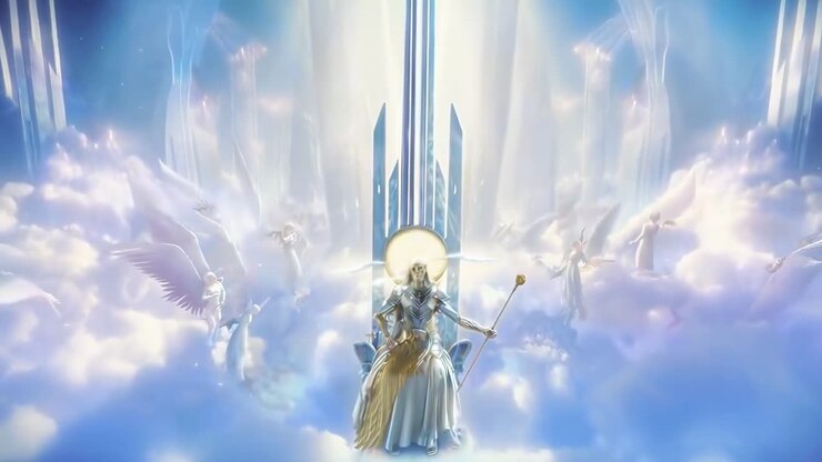 A celestial video scene with a low-angle view of ethereal figures on a heavenly staircase