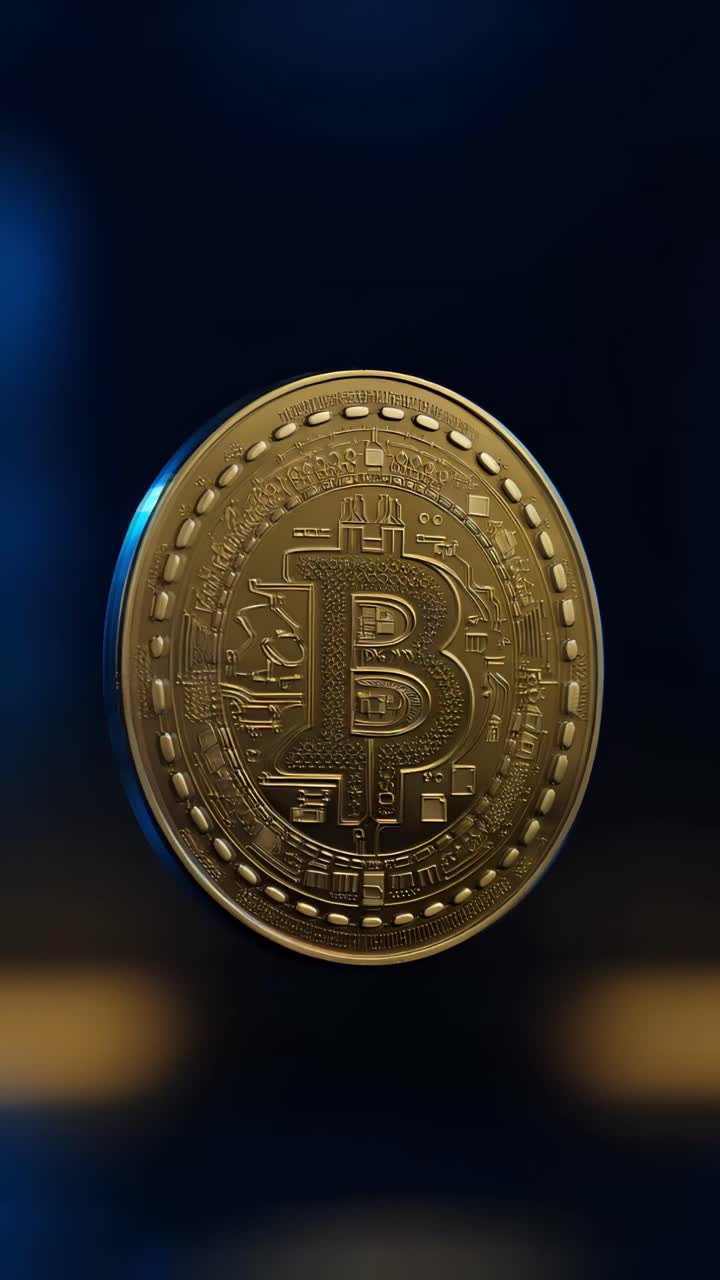 Animazione rotante di Bitcoin dorato su sfondo scuro, criptovaluta cinematografica 4K.