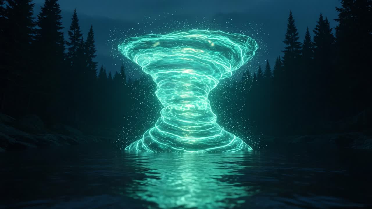 A mesmerizing and dynamic whirlpool of glowing energy emerges from the tranquil waters, creating an ethereal spectacle amidst the surrounding forest landscape