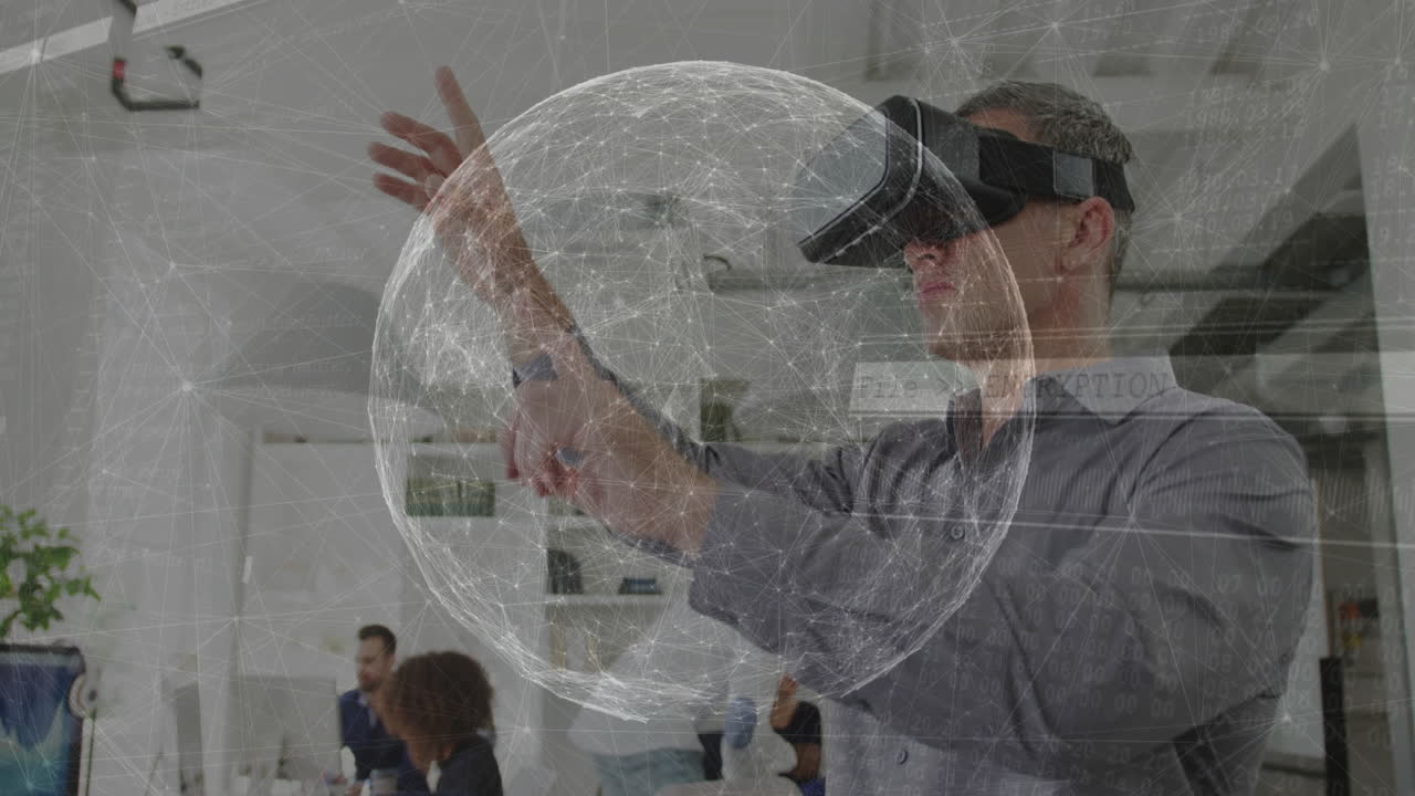 Using virtual reality headset, man interacting with digital animation in office