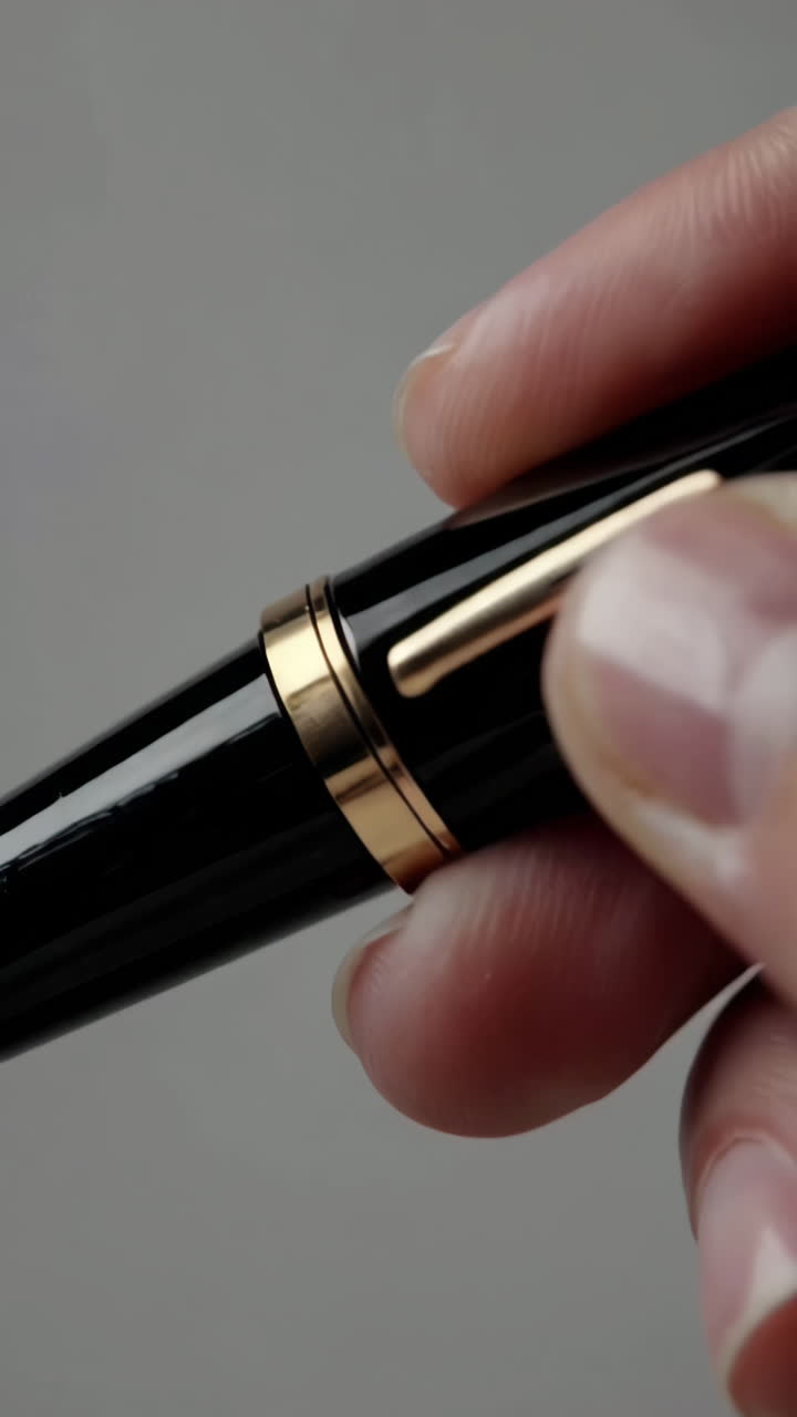 Hand holding a black fountain pen with gold accents