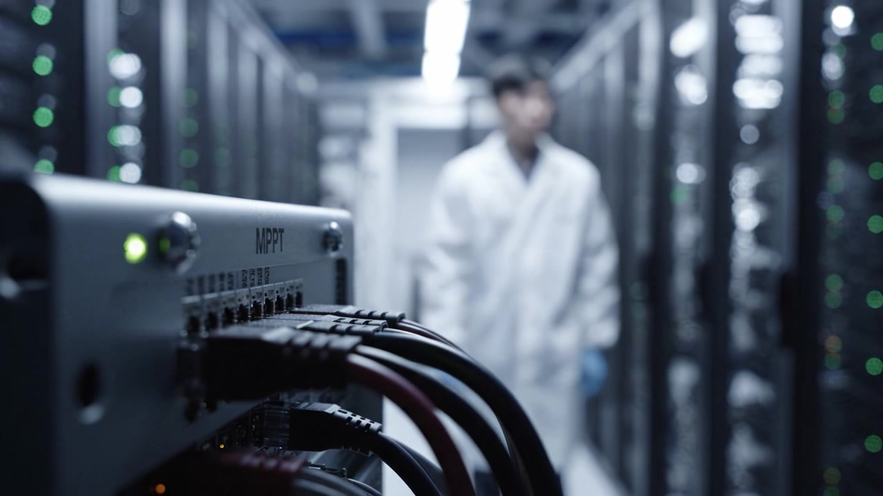 Inside a High-Tech Data Center: A Technician in White Coat Operates Network Equipment Amidst Rows of Servers with Green Indicator Lights.