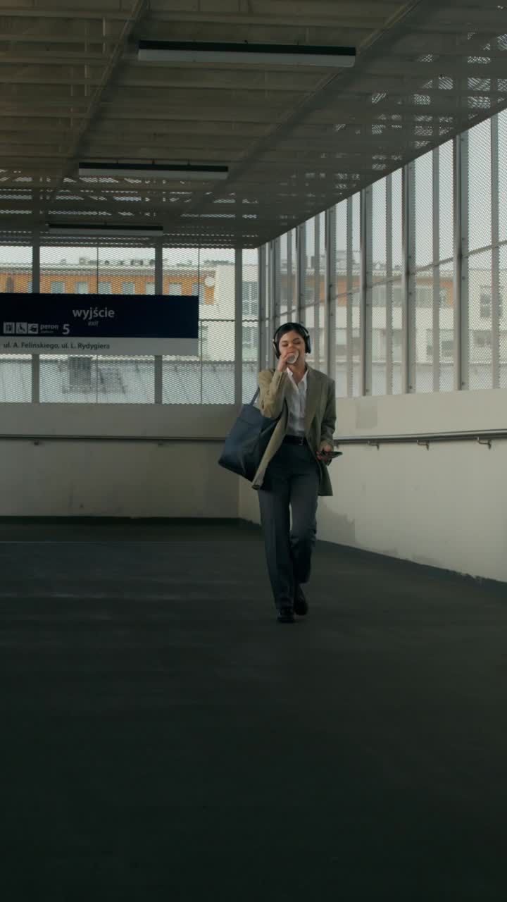 Mujer caminando por una estación de tren