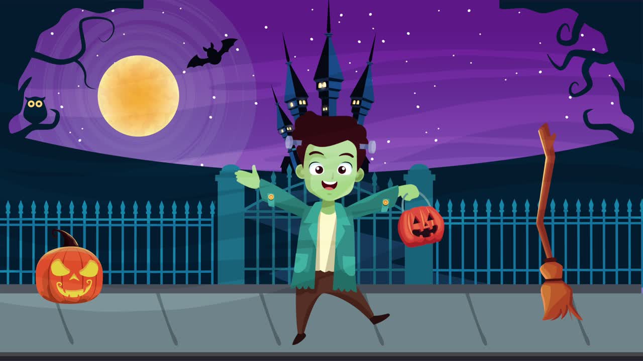 feliz halloween escena animada con frankstein y el castillo