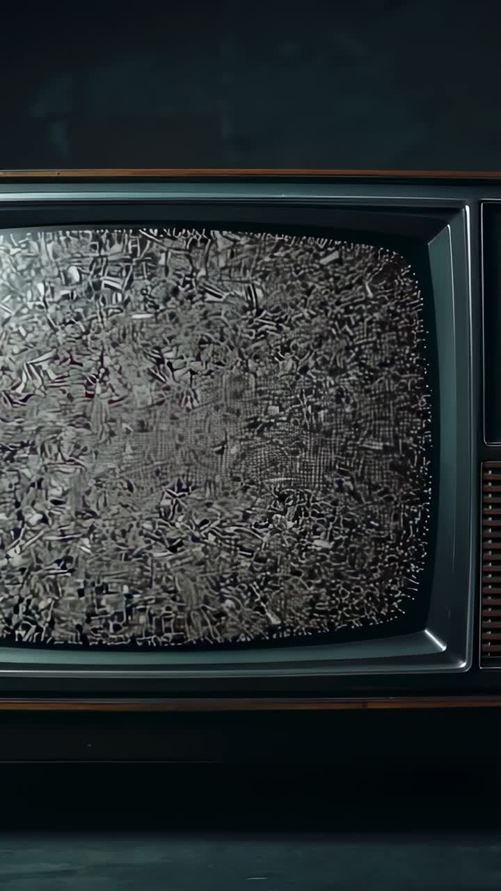 Vertical video: Zooming camera bringing vintage CRT TV closer in dim room, revealing static detail