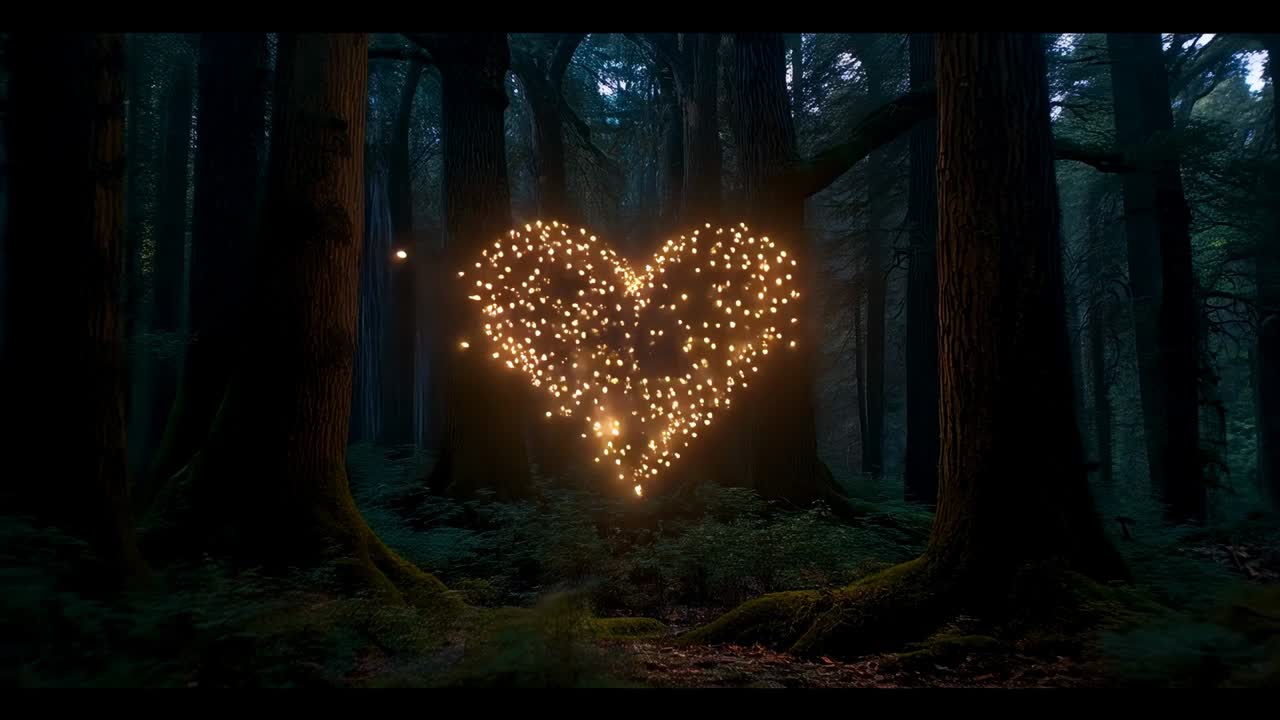 Origine da sinistra, scintille fluttuanti, che formano un cuore in una radura di una foresta muschiosa, proiettando luce sui tronchi