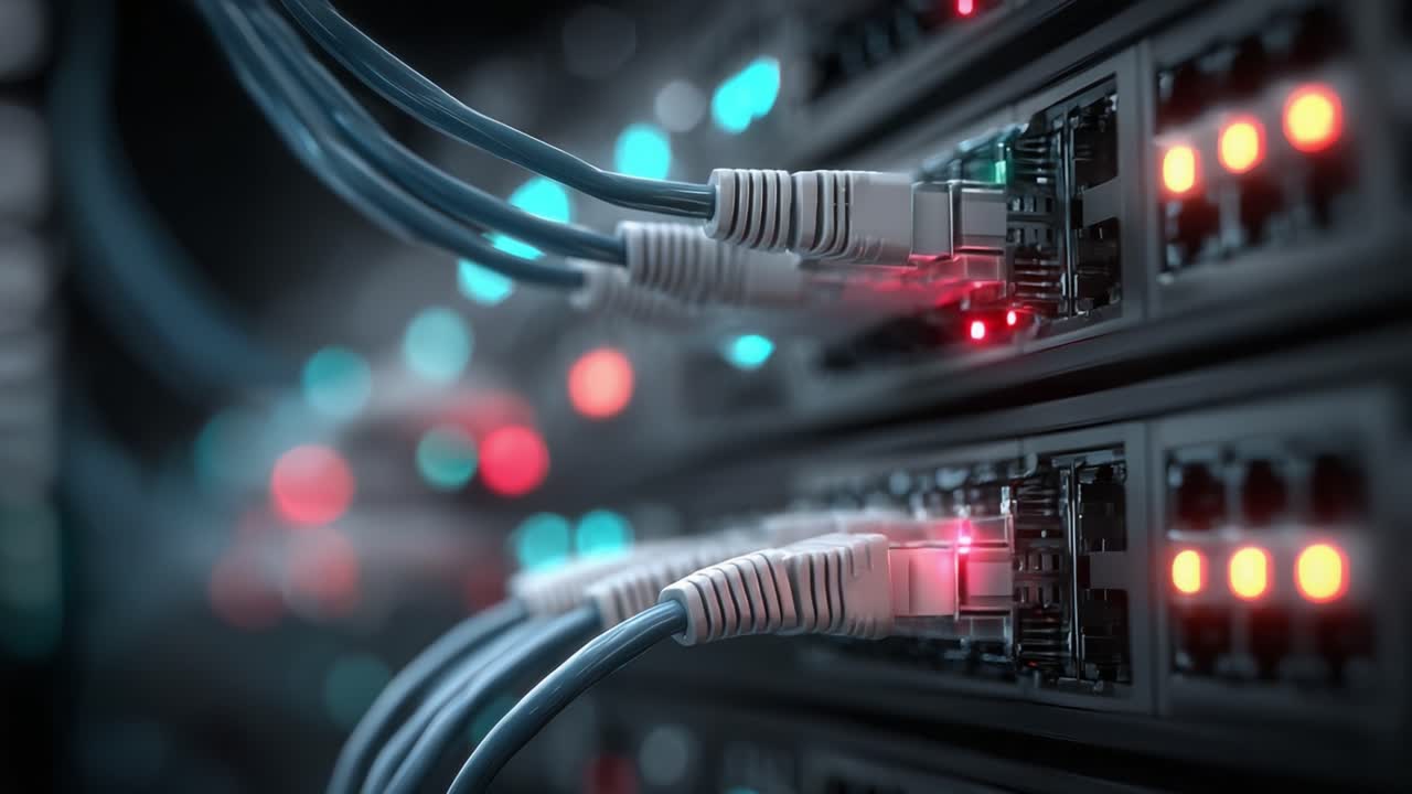 A captivating close-up view of network servers showcasing illuminated ports and connected cables, highlighting the intricate design of modern data processing technology