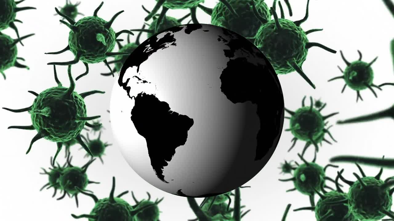 Animazione di coronavirus verde con un mappamondo