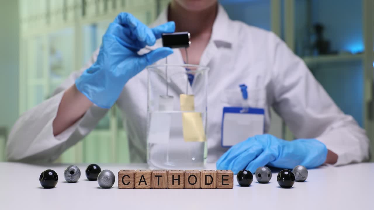 Scienziato che esegue un esperimento chimico con elettrodi e batteria