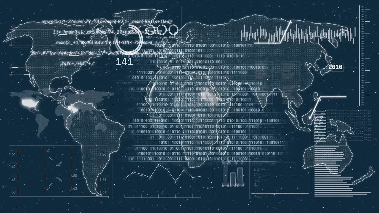 Animation of data processing and world map on black background