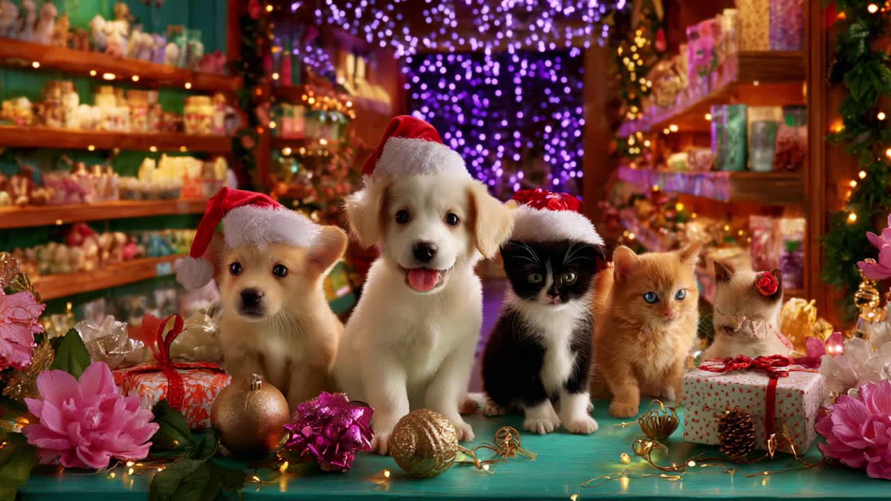 An Adorable Holiday Gathering of Puppies and Kittens Dressed in Santa Hats Amidst a Colorful Festive Setting, Surrounded by Glittering Decorations and Gifts, Capturing the Spirit of Joy and Celebration