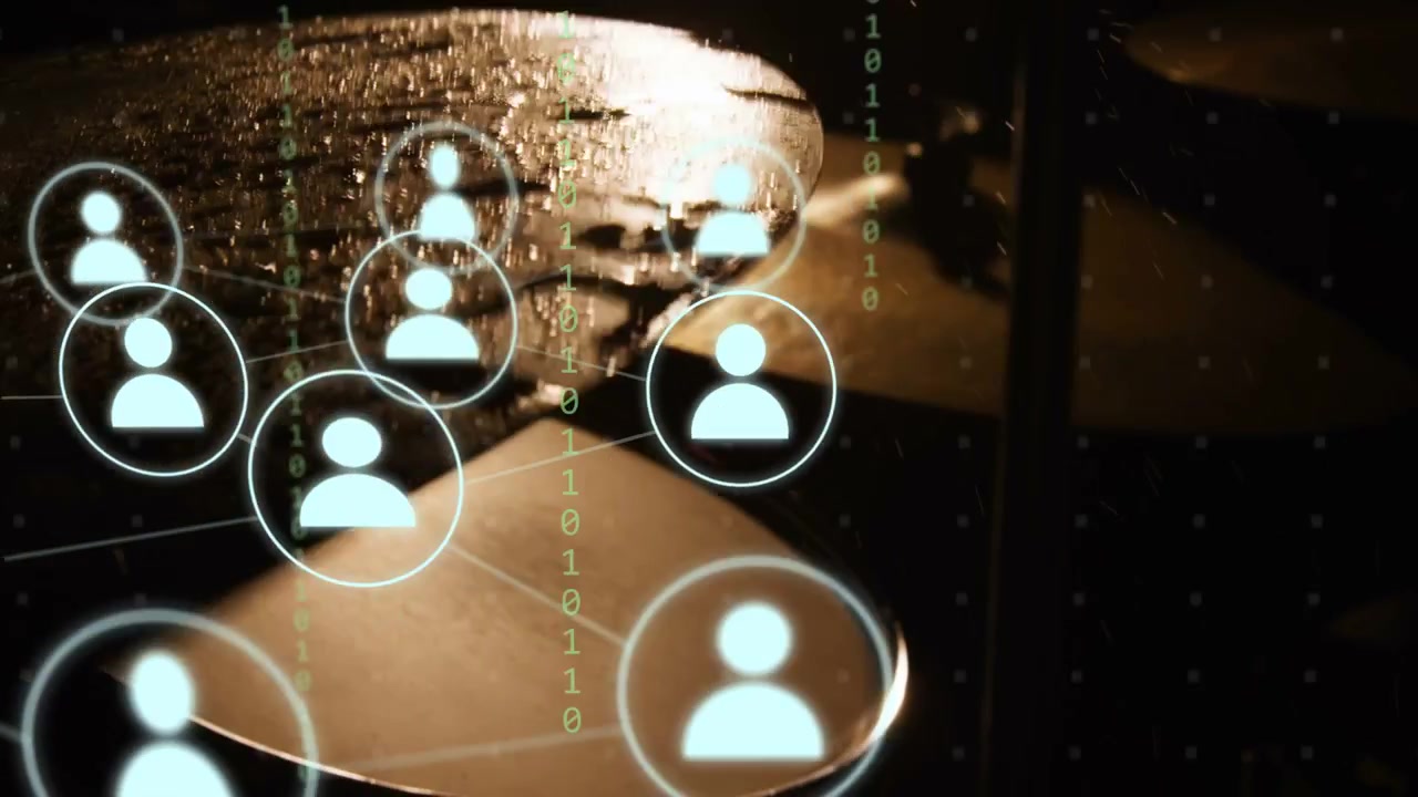 Single avatar appearing left starting linked avatars forming over wet cymbal showing music network