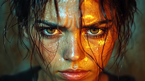 intense portrait of a woman with glistening skin in dramatic lighting