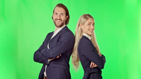 business man, woman and arms crossed by green