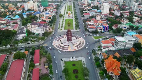 aerial top down shot of famous independence monument and cars driving in roundabout during daylight