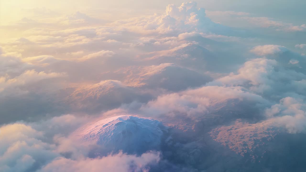 Drone che scivola dopo il lancio, rivelando la cima innevata centrale sopra la coltre di nuvole e catturando l'alba