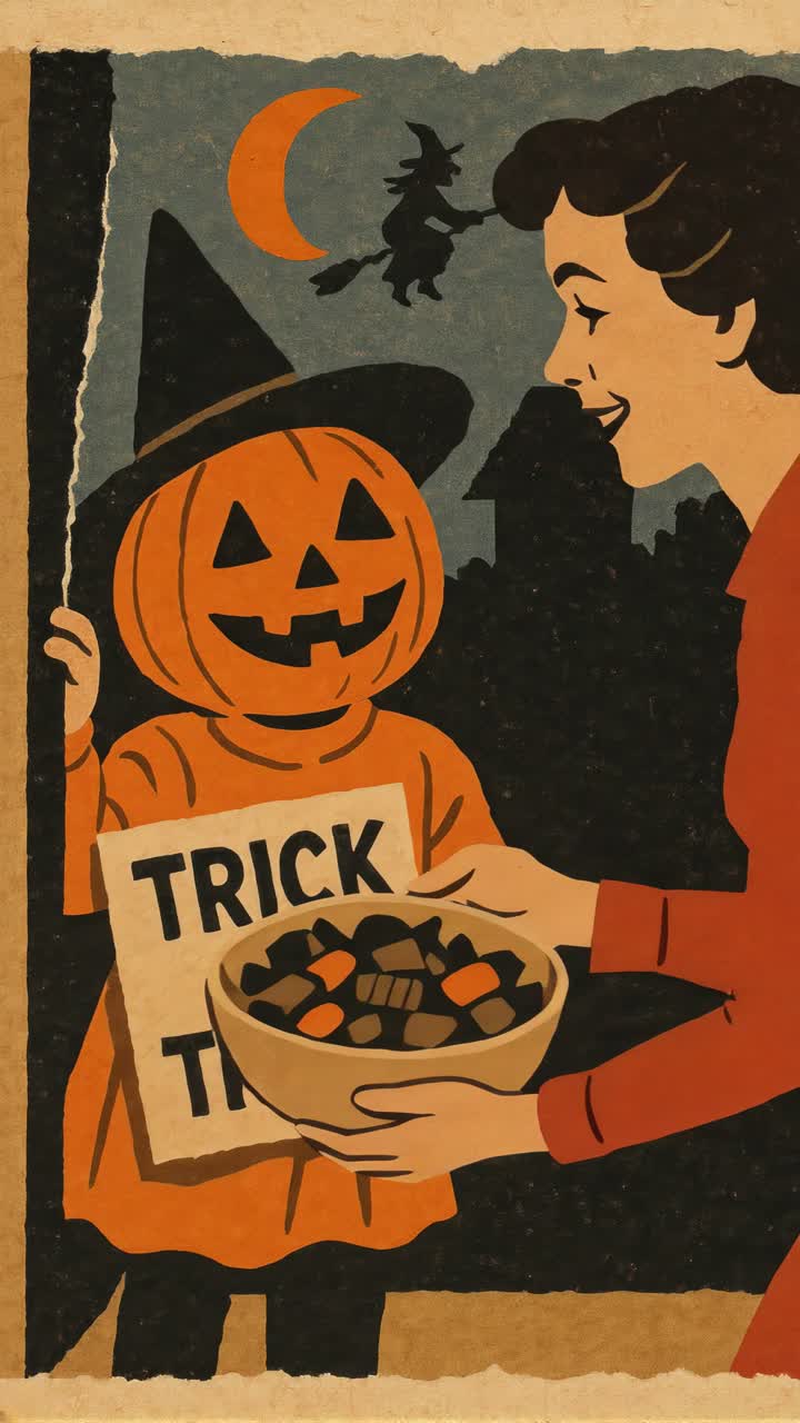 Vintage Halloween poster with a low-angle view of a child in a pumpkin costume holding a sign