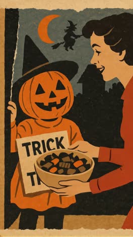 vintage halloween poster with a low-angle view of a child in a pumpkin costume holding a sign