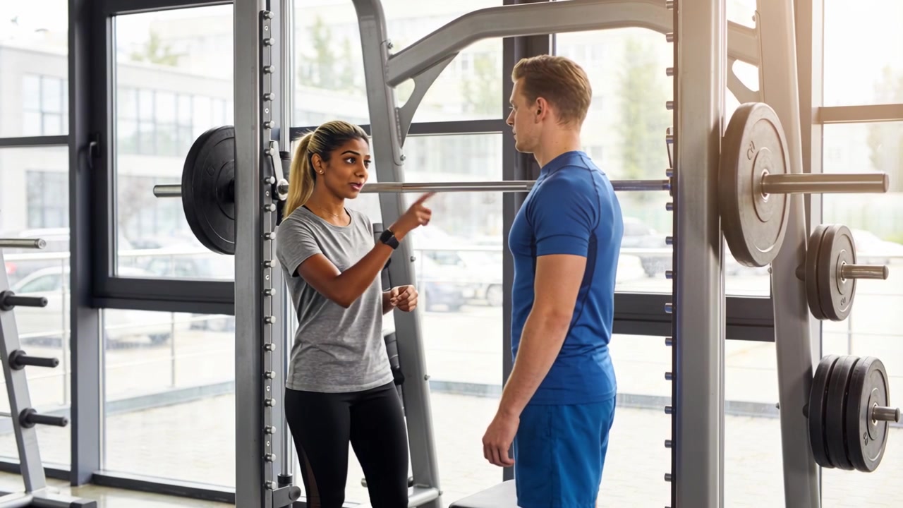 Gebarende trainer in grijs T-shirt instrueert stagiair in korte broek in de sportschool na het zien van een geladen halter op een rek