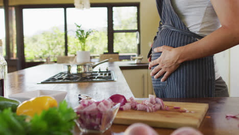 midsection of caucasian pregnant woman wearing apron, touching belly in kitchen