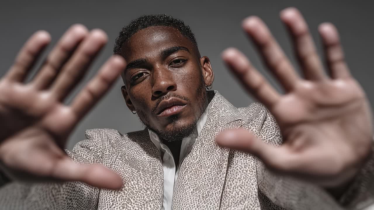Stylish man making stop sign with hands in slow motion