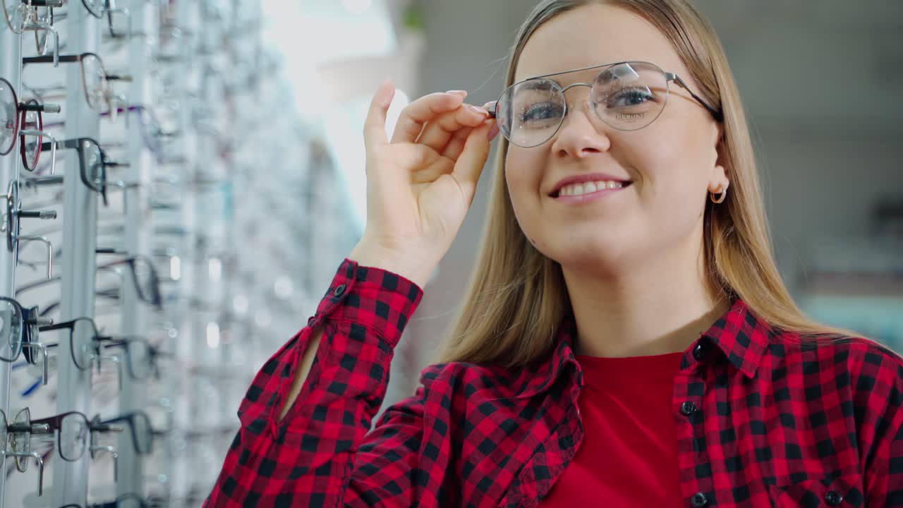 Woman choosing new glasses. Happy young woman choosing glasses in optics store