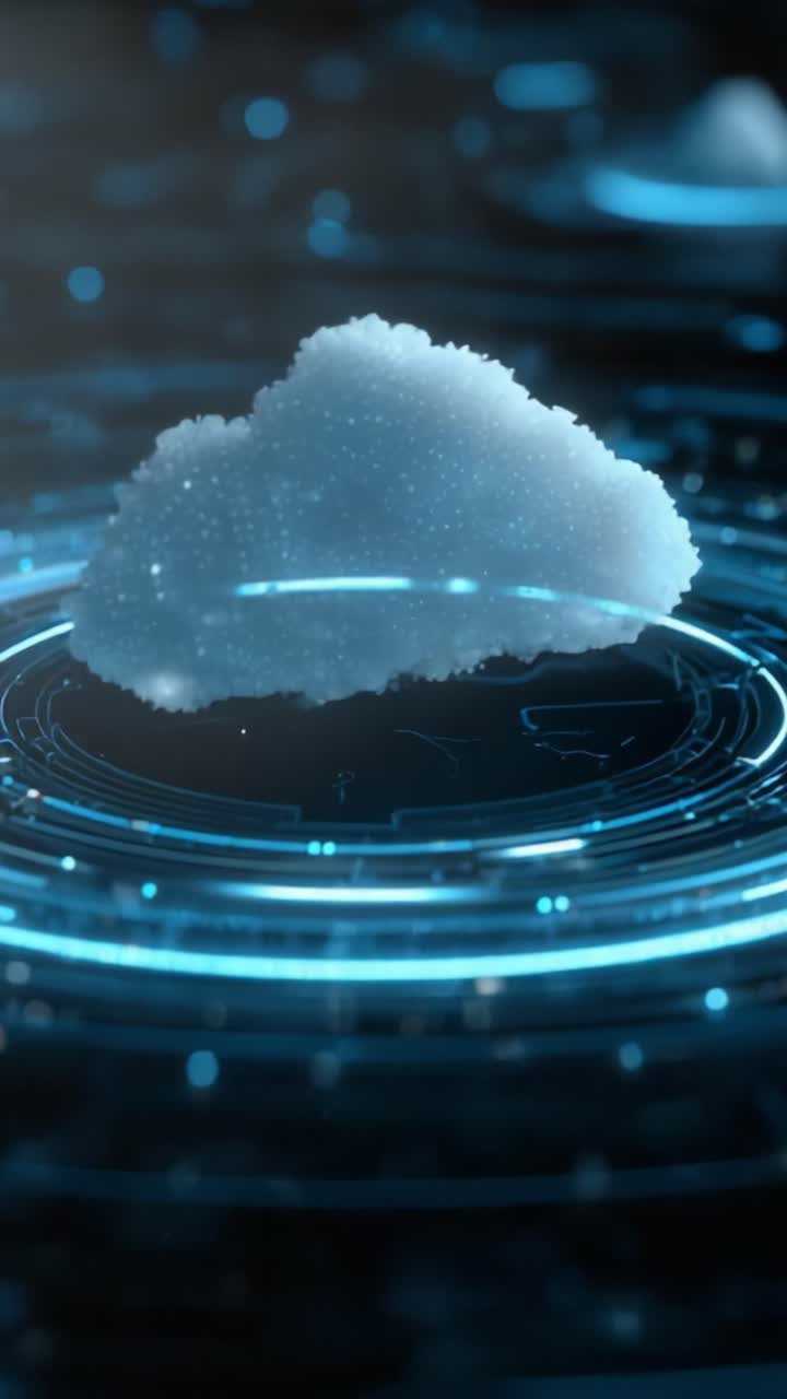 A futuristic depiction of a cloud-like structure illuminated in a high-tech environment, showcasing glowing rings and a captivating digital atmosphere