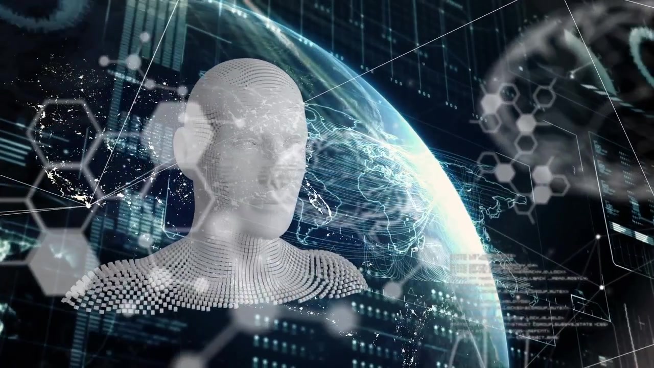 Animation of globe, brain and data processing over human model on black digital background
