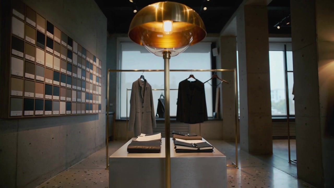 Alejándose, la cámara revelando un expositor central en una boutique, mostrando dos chaquetas y una barra de latón.