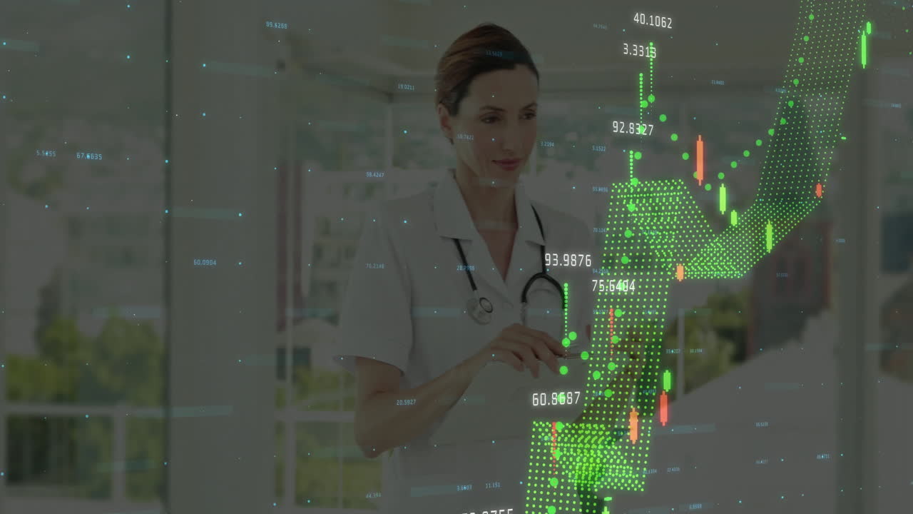 female medical professional reviewing clipboard in clinic lobby, overlay showing health data graphs