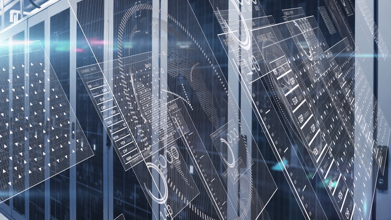 데이터 서버 랙 위의 통화 값과 숫자를 가진 hud 인터페이스 화면의 애니메이션