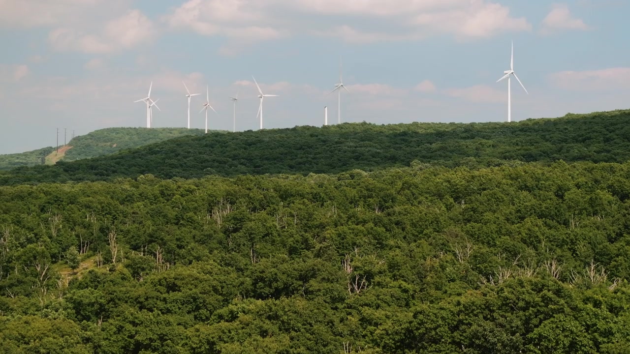 Aerial view of windmills in rural Pennsylvania. Shot on a summer day