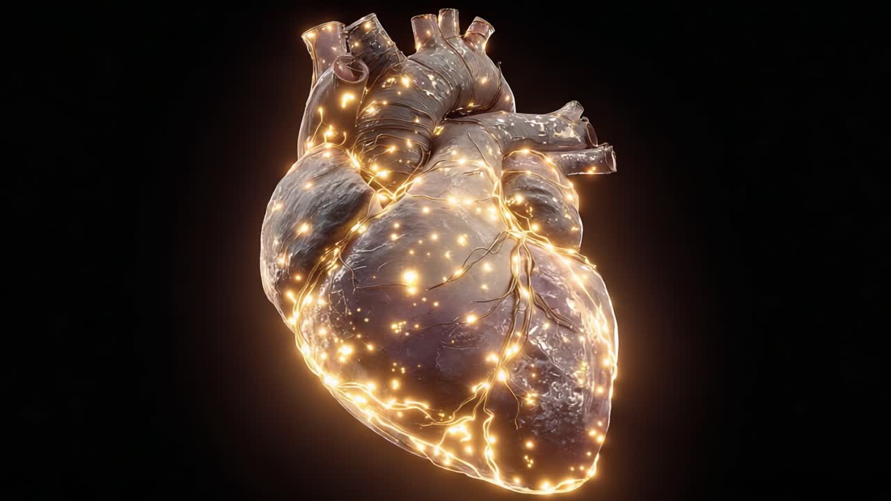 An Artistic Representation of a Heart Featuring Glowing Lights, Showcasing the Intricacies of Its Structure in a 3D Visualization with Stunning Details and Colors
