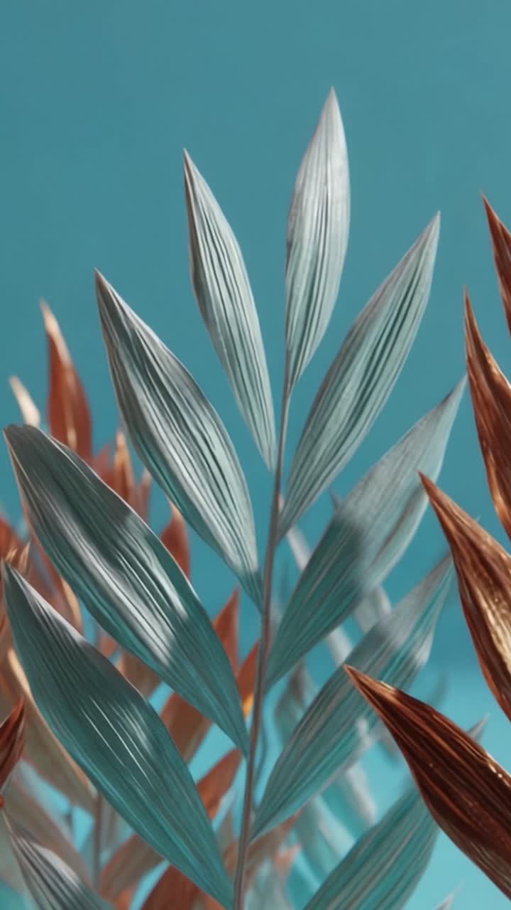 A Beautiful Display of Elegantly Shaped Leaves in Soft Tones Against a Vibrant Aqua Background, Showcasing Nature's Intricate Textures and Patterns