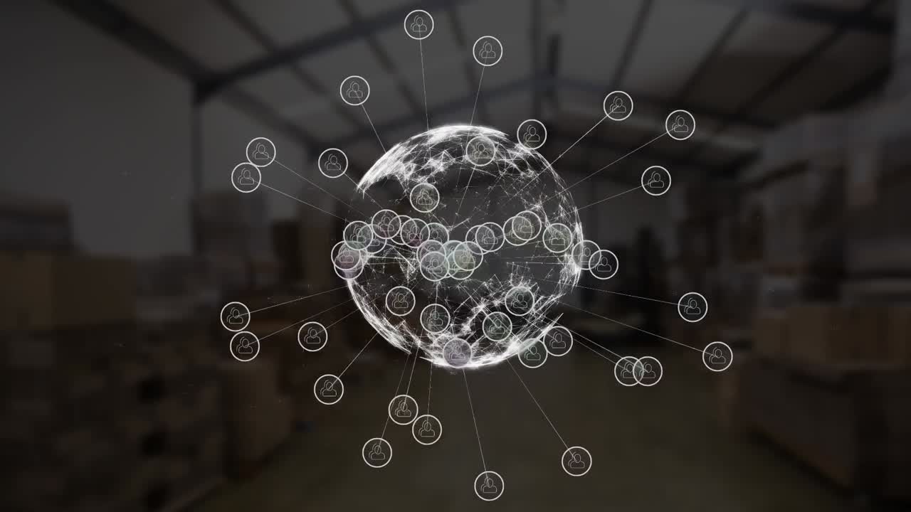 디지털 아이콘과 글로브와 창고로 연결된 네트워크의 애니메이션